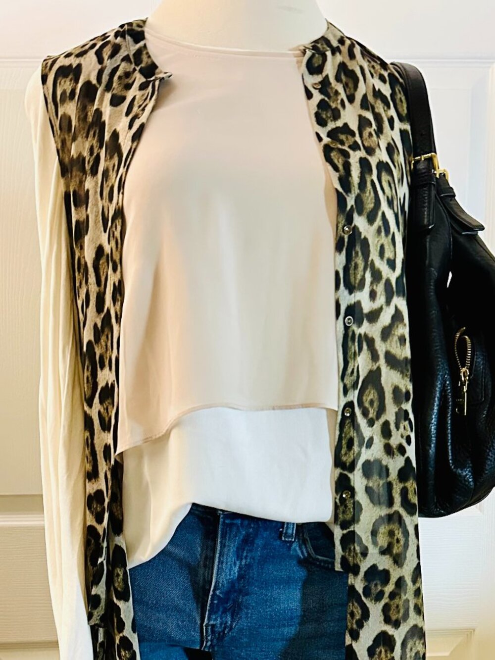 Elie Tahari Luxe Mixed Media Cream Long Sleeve with Taupe Silky Overlay - Large